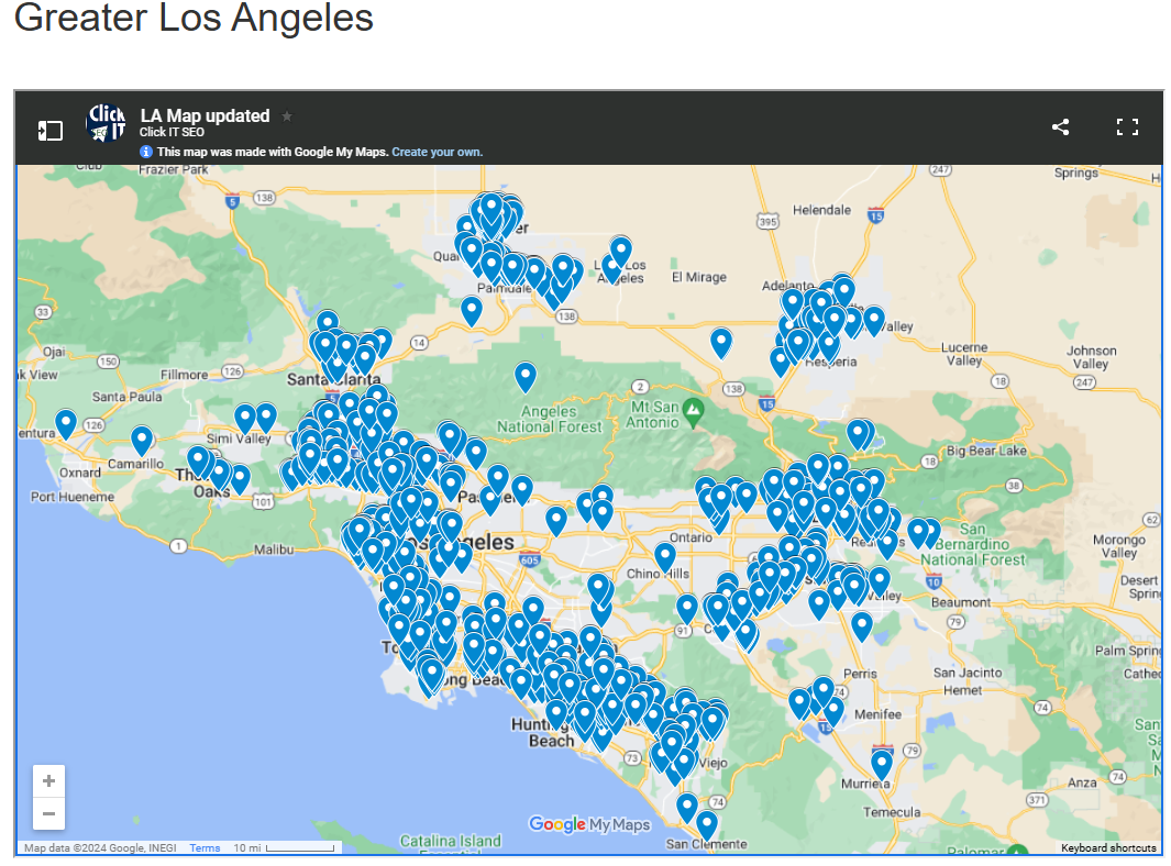 LA Map of IT Services Companies Map showing concentration of IT service provider roll-up and franchise conversion opportunities in Los Angeles County, supporting Click ITβs national expansion strategy.